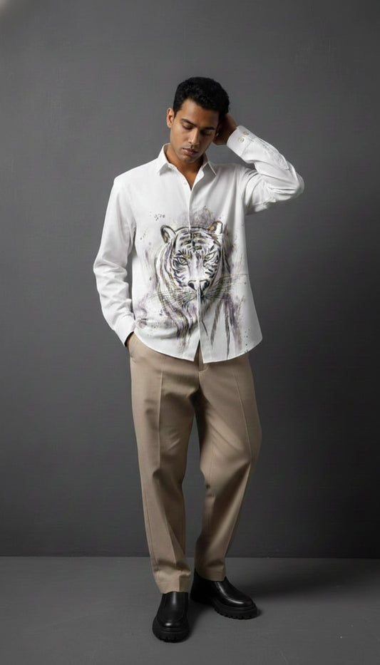 White Club-Wear Shirt with Artistic Tiger Print | Dresswala NX
