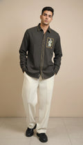 Olive Club-Wear Shirt with Gold Piping & Floral Chest Patch | Dresswala NX