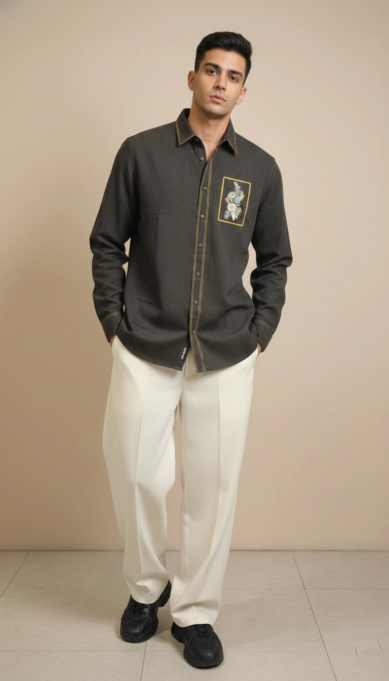 Olive Club-Wear Shirt with Gold Piping & Floral Chest Patch | Dresswala NX