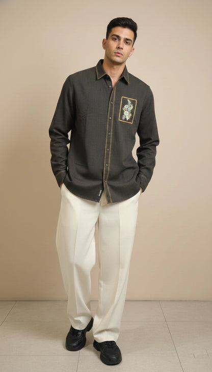 Olive Club-Wear Shirt with Gold Piping & Floral Chest Patch | Dresswala NX