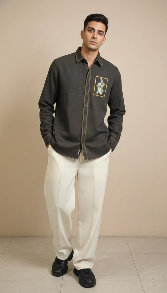 Olive Club-Wear Shirt with Gold Piping & Floral Chest Patch | Dresswala NX