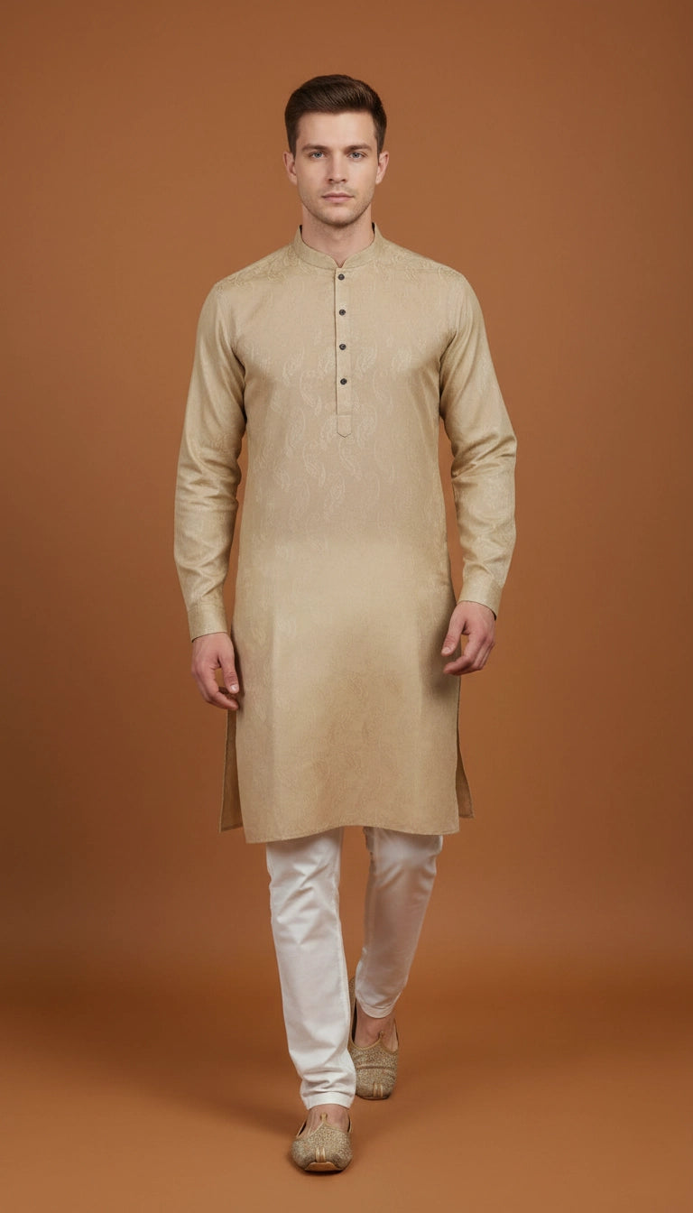Beige Self-Textured Cotton Kurta for Men | Dresswala NX