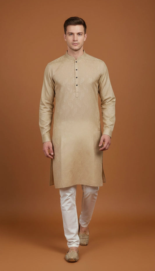 Beige Self-Textured Cotton Kurta for Men | Dresswala NX