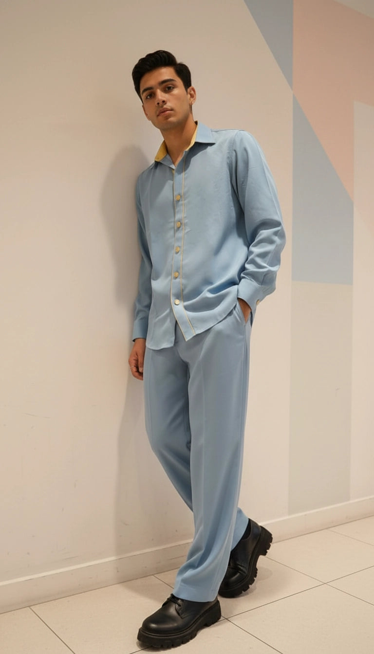 Sky Blue Club-Wear Shirt with Contrast Collar & Gold Button Detailing | Dresswala NX