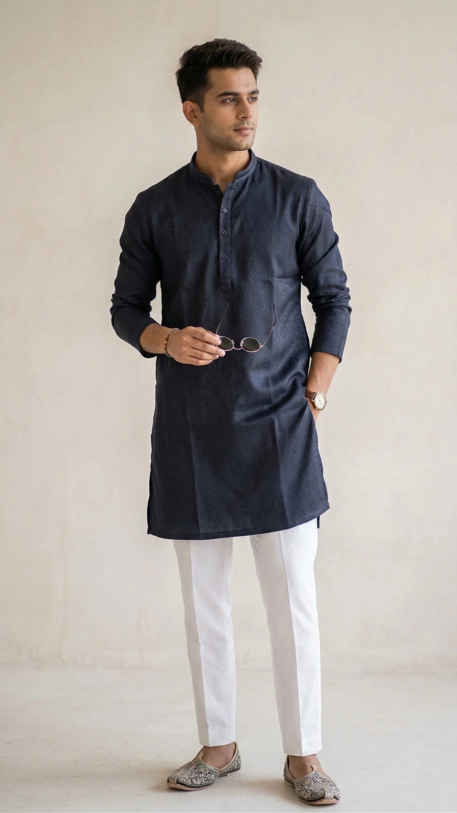Navy Blue Self-Textured Kurta for Men (Band Collar) | Dresswala NX