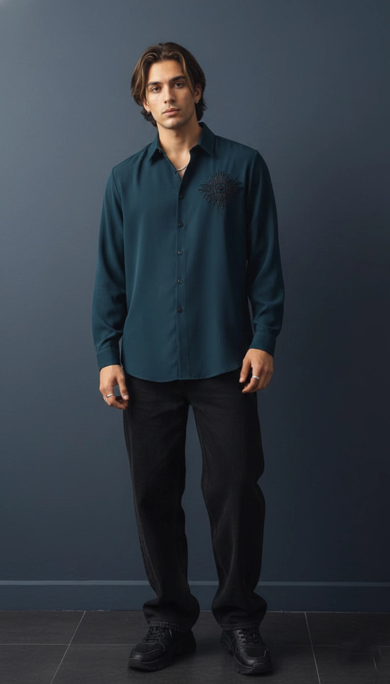 Teal Club-Wear Shirt for Men with Chest Embroidery | Dresswala NX