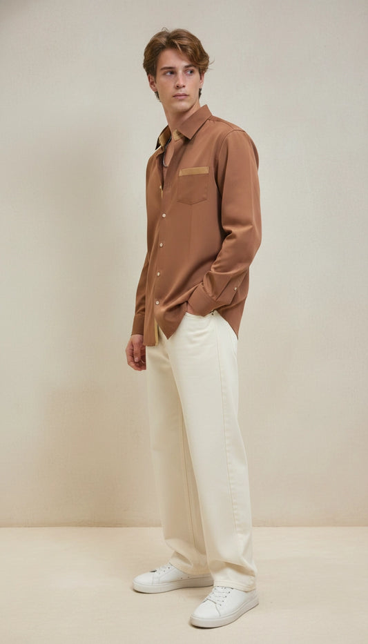 Brown Club-Wear Shirt with Beige Contrast Pocket Detail | Dresswala NX