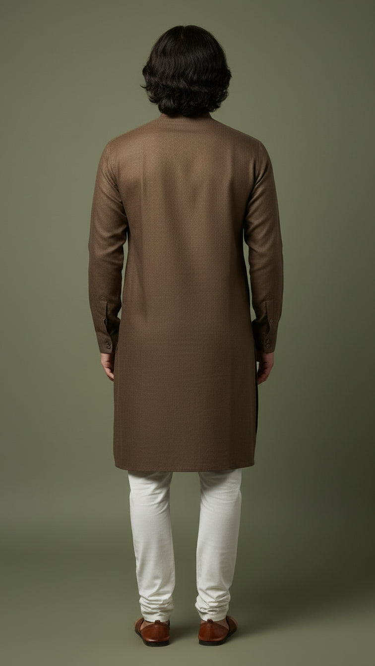 Men’s Brown Linen Kurta | Minimal Embroidered Festive Wear – Dresswala NX