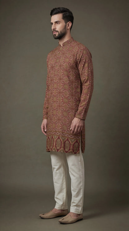Men’s Maroon Printed Festive Kurta | Dresswala NX