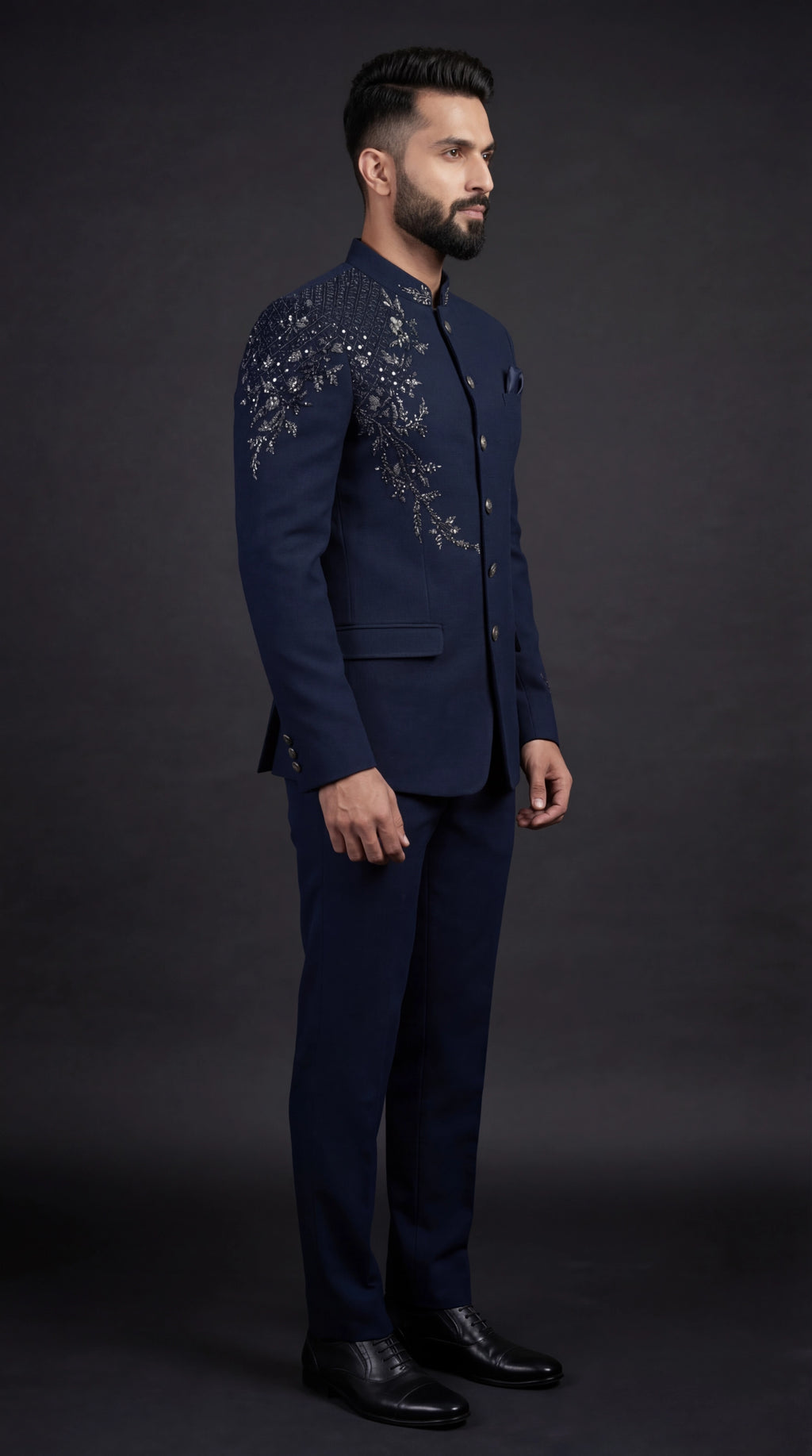 Midnight Navy Embroidered Bandhgala Suit | Dresswala NX