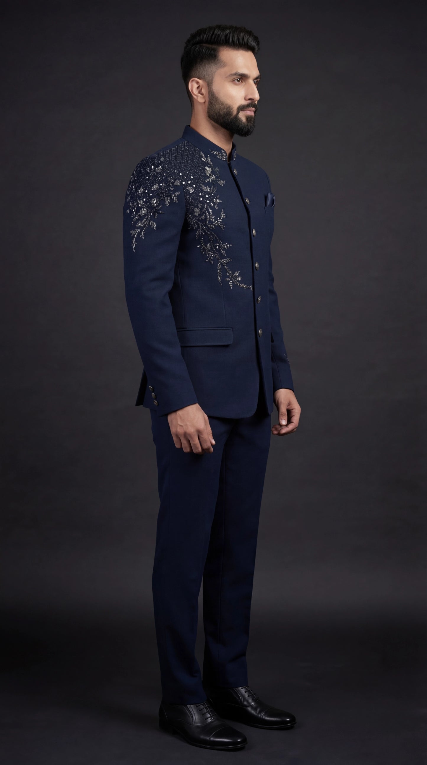 Midnight Navy Embroidered Bandhgala Suit | Dresswala NX