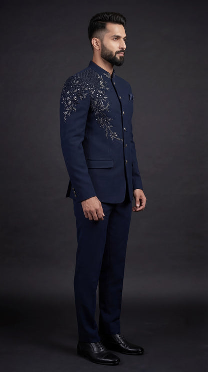Midnight Navy Embroidered Bandhgala Suit | Dresswala NX