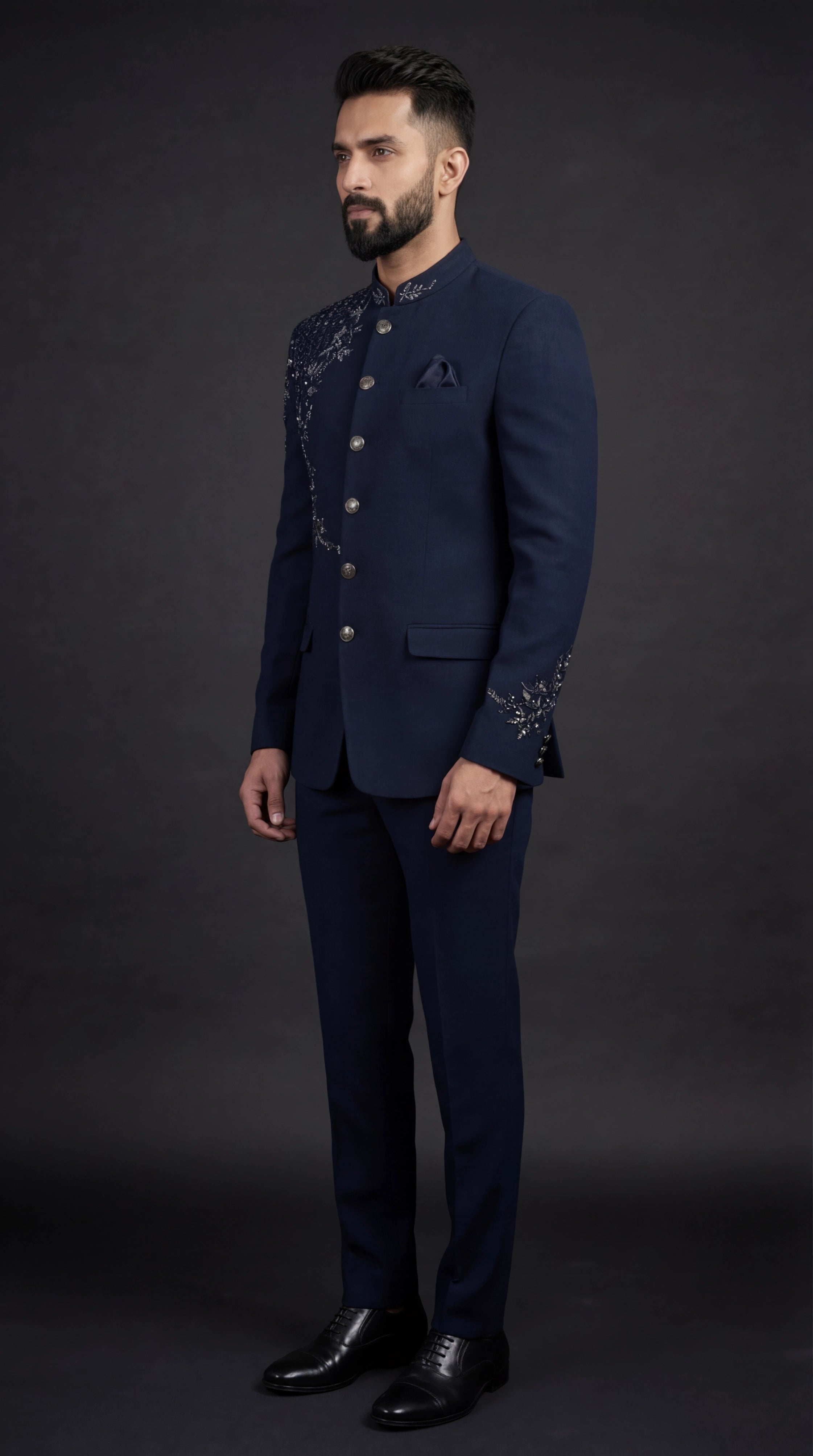 Midnight Navy Embroidered Bandhgala Suit | Dresswala NX
