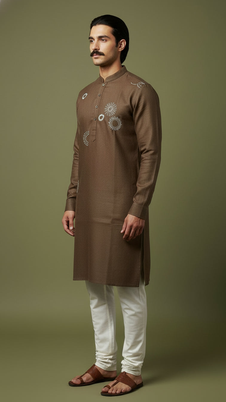 Men’s Brown Linen Kurta | Minimal Embroidered Festive Wear – Dresswala NX