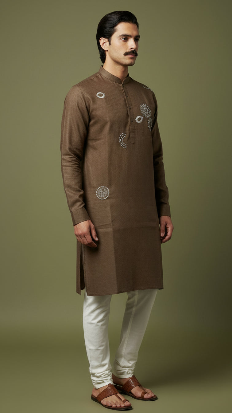Men’s Brown Linen Kurta | Minimal Embroidered Festive Wear – Dresswala NX