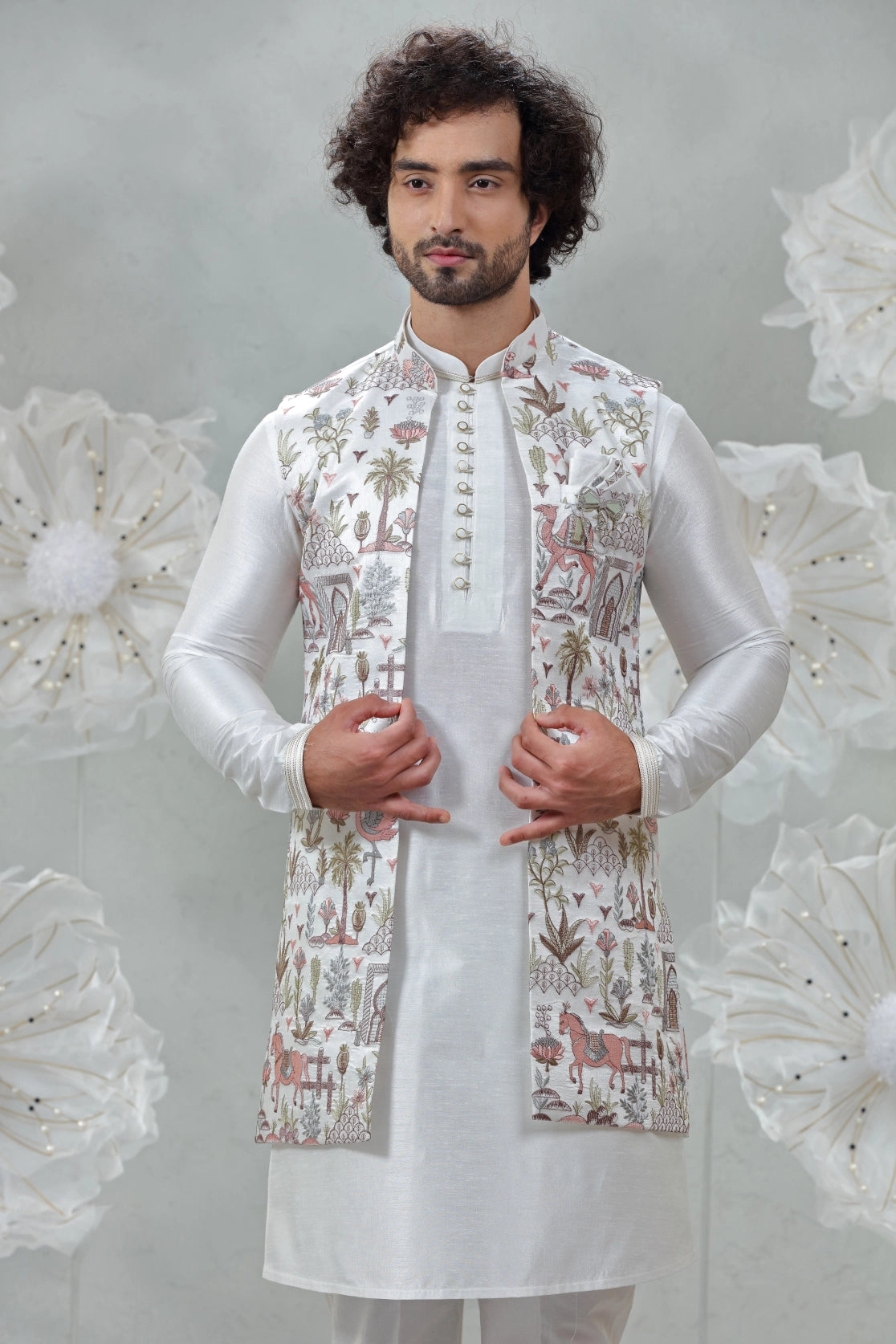 Embroidered Ivory with Nature-Inspired Motifs