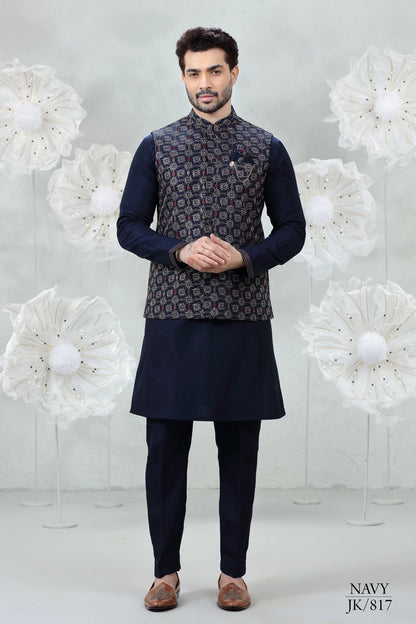 Navy Blue with Intricate Geometric Embroidery