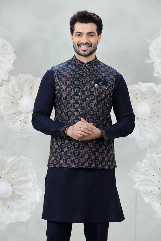 Navy Blue with Intricate Geometric Embroidery