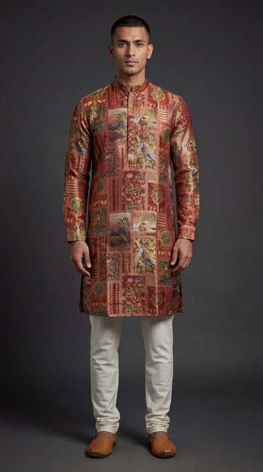 Men’s Rust Multicolour Heritage Print Kurta | Festive Ethnic Wear – Dresswala NX