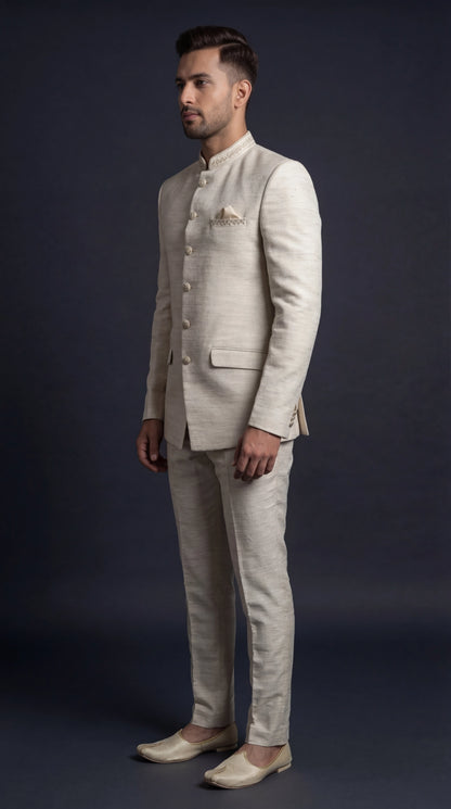 Ivory Textured Jodhpuri Bandhgala Suit for Men | Dresswala NX