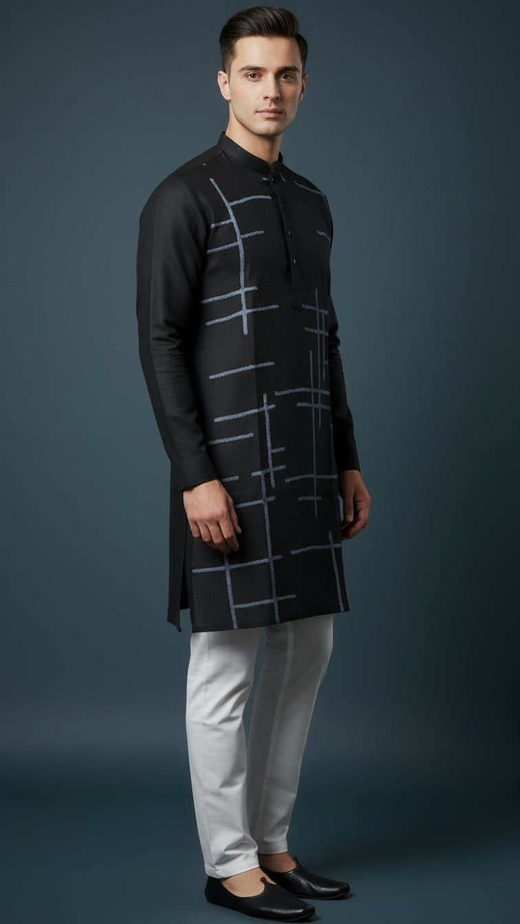 Men’s Black Linen Kurta with Blue Geometric Detailing | Modern Festive Wear – Dresswala NX