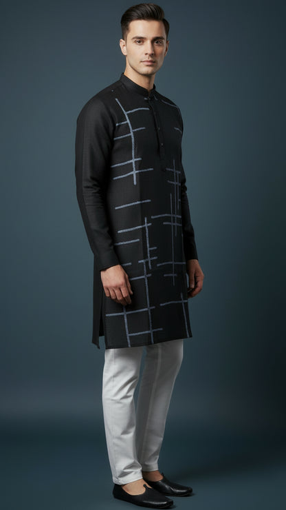 Men’s Black Linen Kurta with Blue Geometric Detailing | Modern Festive Wear – Dresswala NX