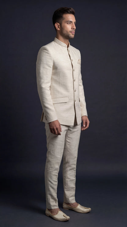 Ivory Textured Jodhpuri Bandhgala Suit for Men | Dresswala NX