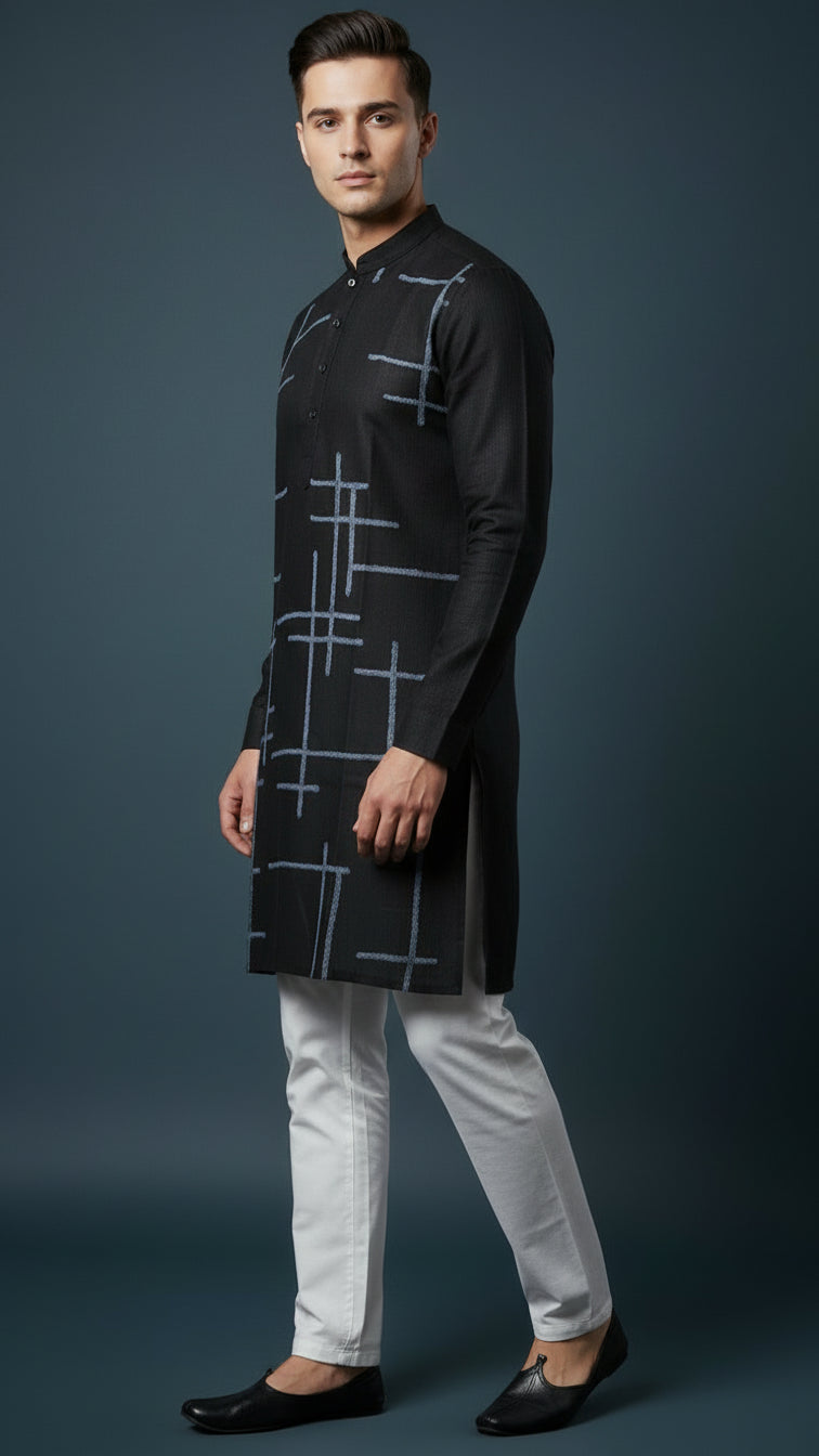 Men’s Black Linen Kurta with Blue Geometric Detailing | Modern Festive Wear – Dresswala NX