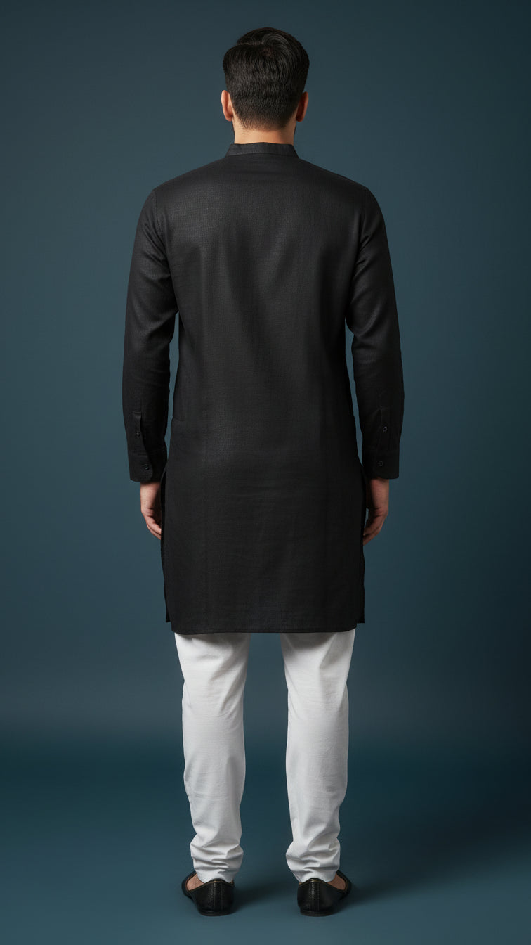 Men’s Black Linen Kurta with Blue Geometric Detailing | Modern Festive Wear – Dresswala NX