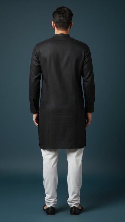 Men’s Black Linen Kurta with Blue Geometric Detailing | Modern Festive Wear – Dresswala NX