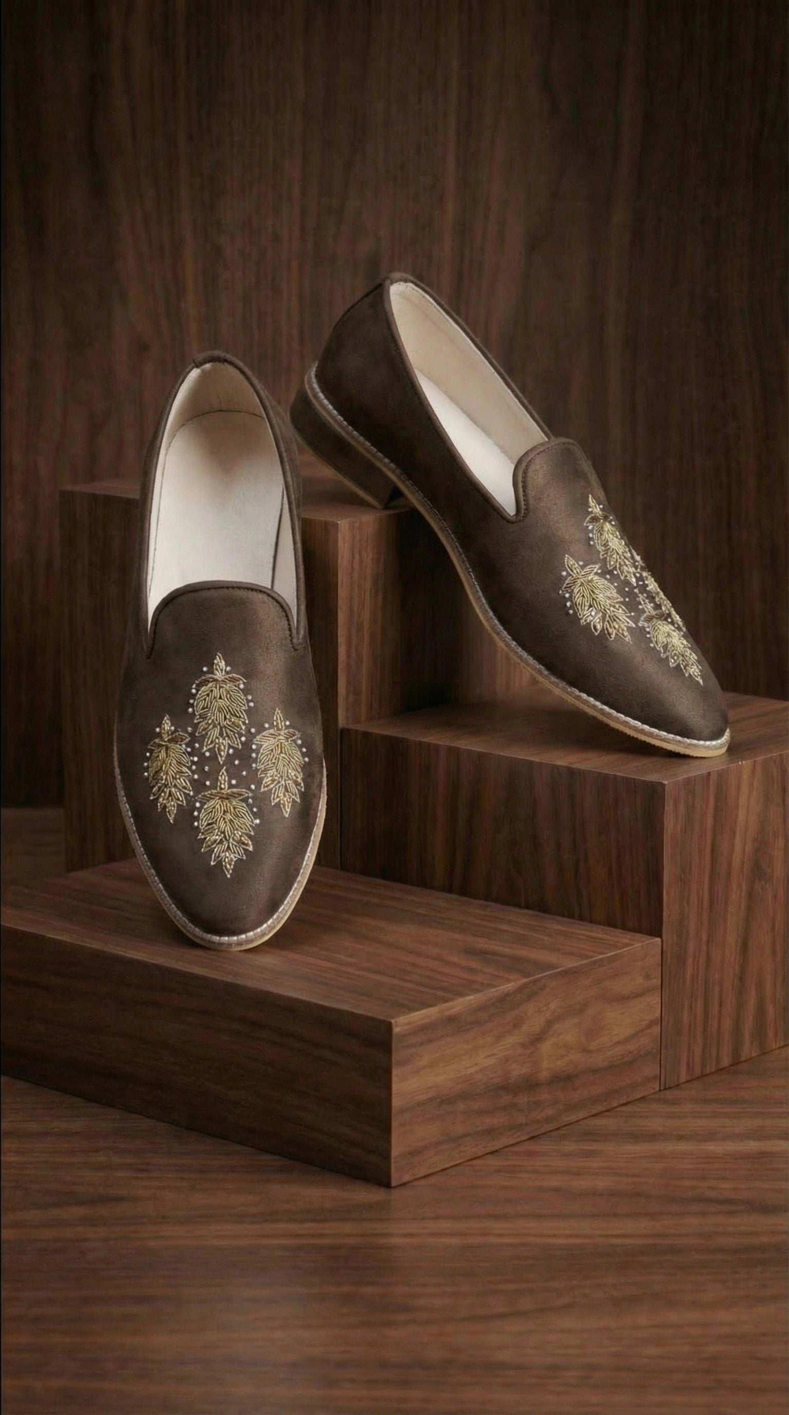 Brown Suede Embroidered Mojdi Shoes for Men | Festive Footwear – Dresswala NX