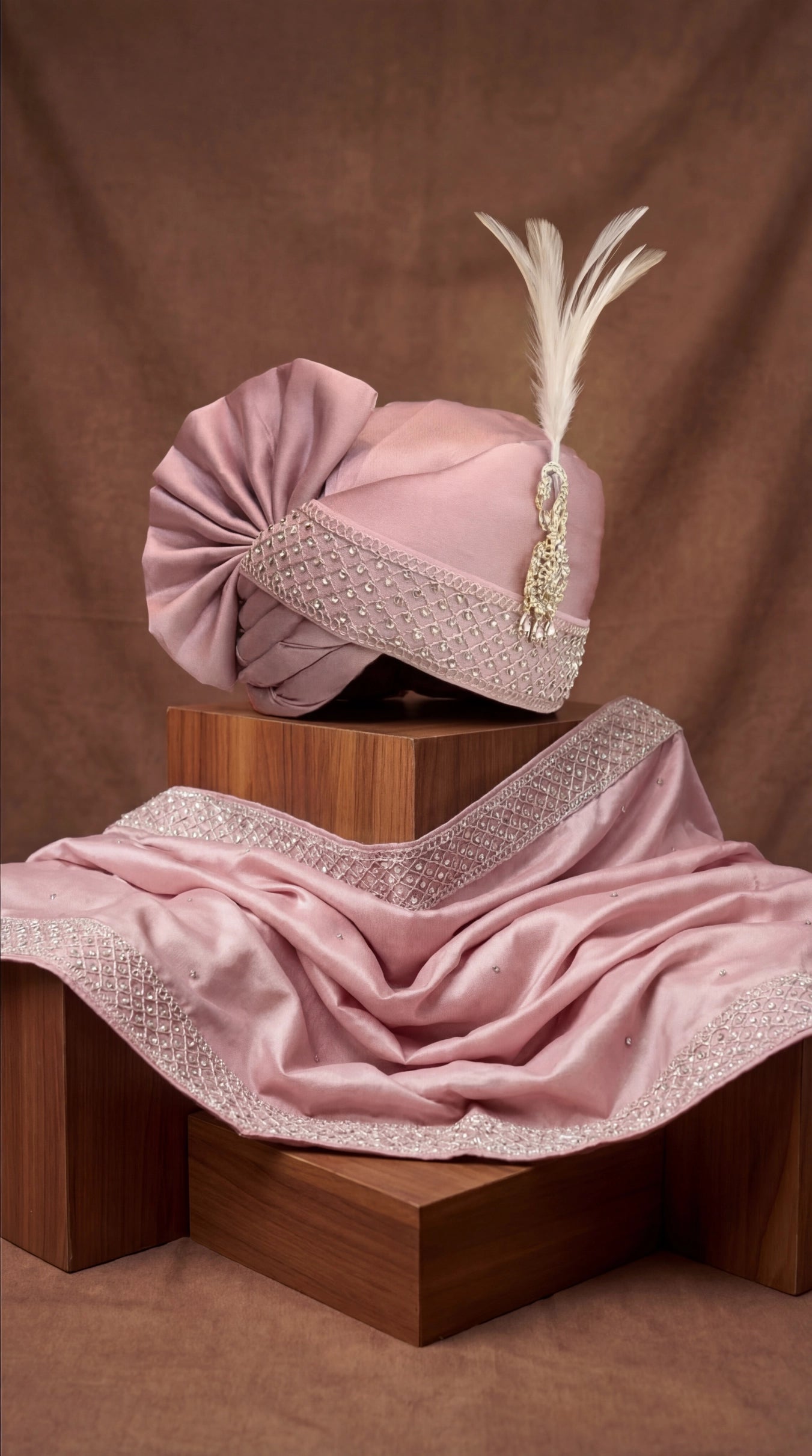 Dusty Mauve Groom Safa with Pearl Work Border & Feather Brooch