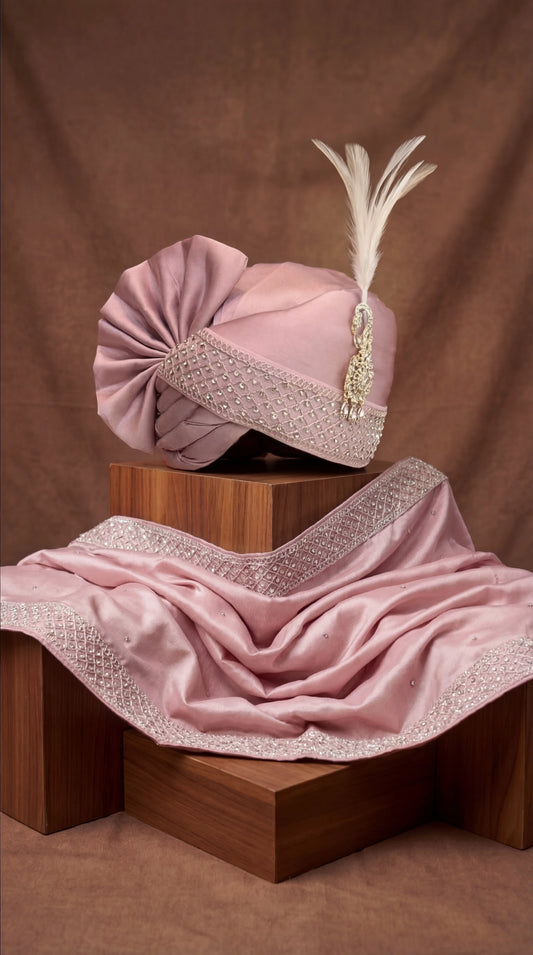 Dusty Mauve Groom Safa with Pearl Work Border & Feather Brooch