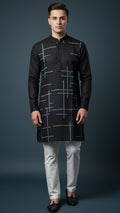 Men’s Black Linen Kurta with Blue Geometric Detailing | Modern Festive Wear – Dresswala NX