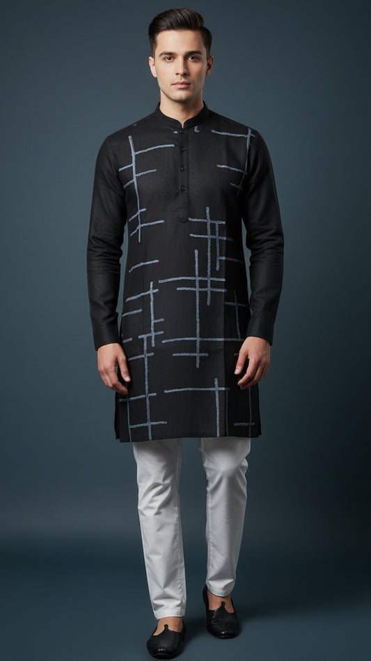 Men’s Black Linen Kurta with Blue Geometric Detailing | Modern Festive Wear – Dresswala NX