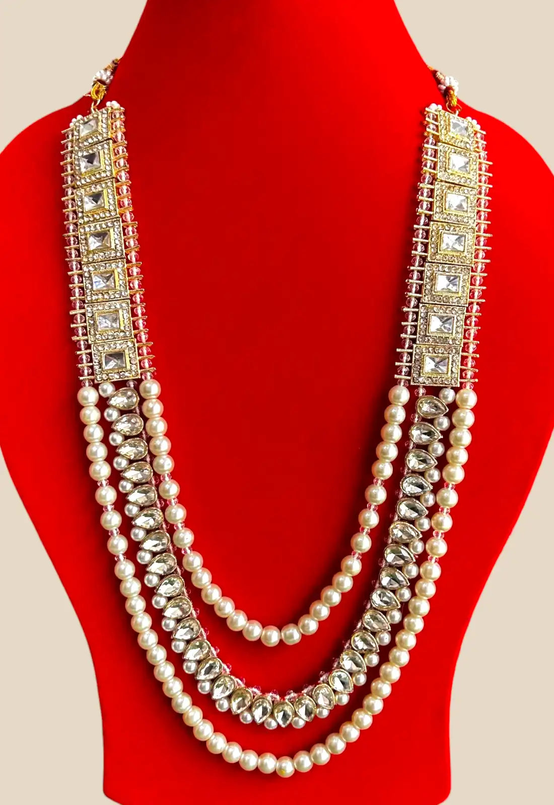 Royal Kundan & Pearl Layered Necklace with Square Mirror Detailing