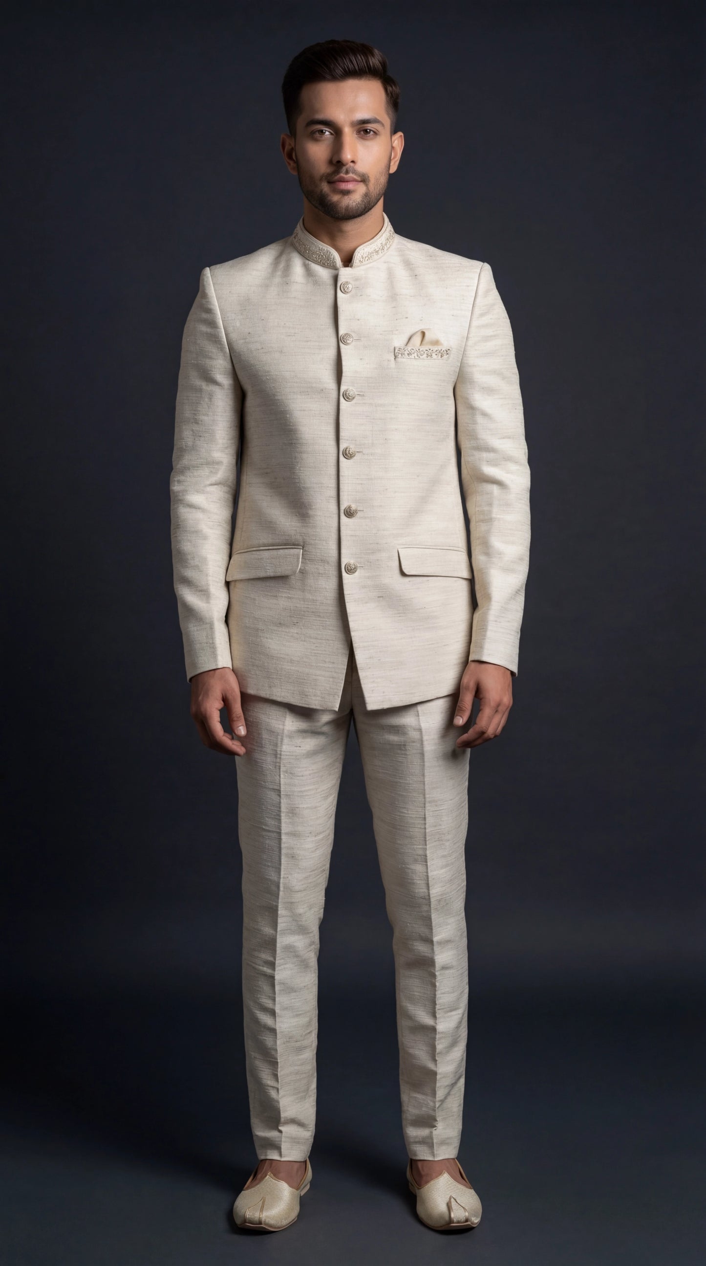 Ivory Textured Jodhpuri Bandhgala Suit for Men | Dresswala NX