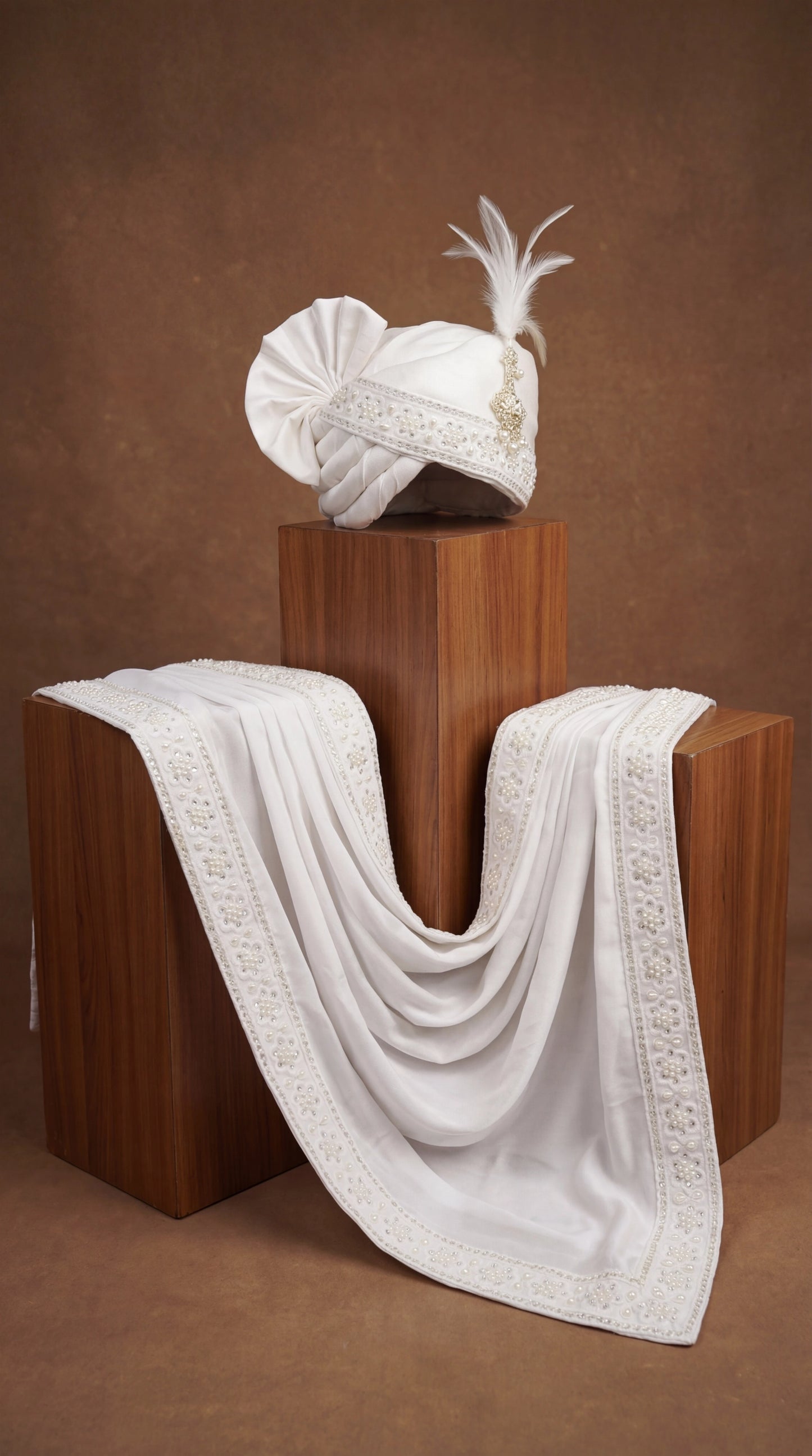 Pearl White Groom Safa with Feather Accent & Handcrafted Shawl
