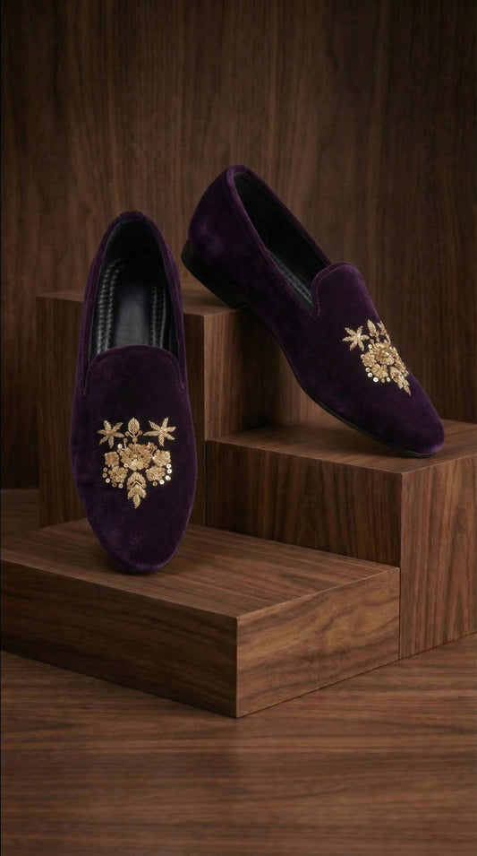 Purple Velvet Embroidered Mojdi Shoes for Men | Royal Festive Footwear – Dresswala NX
