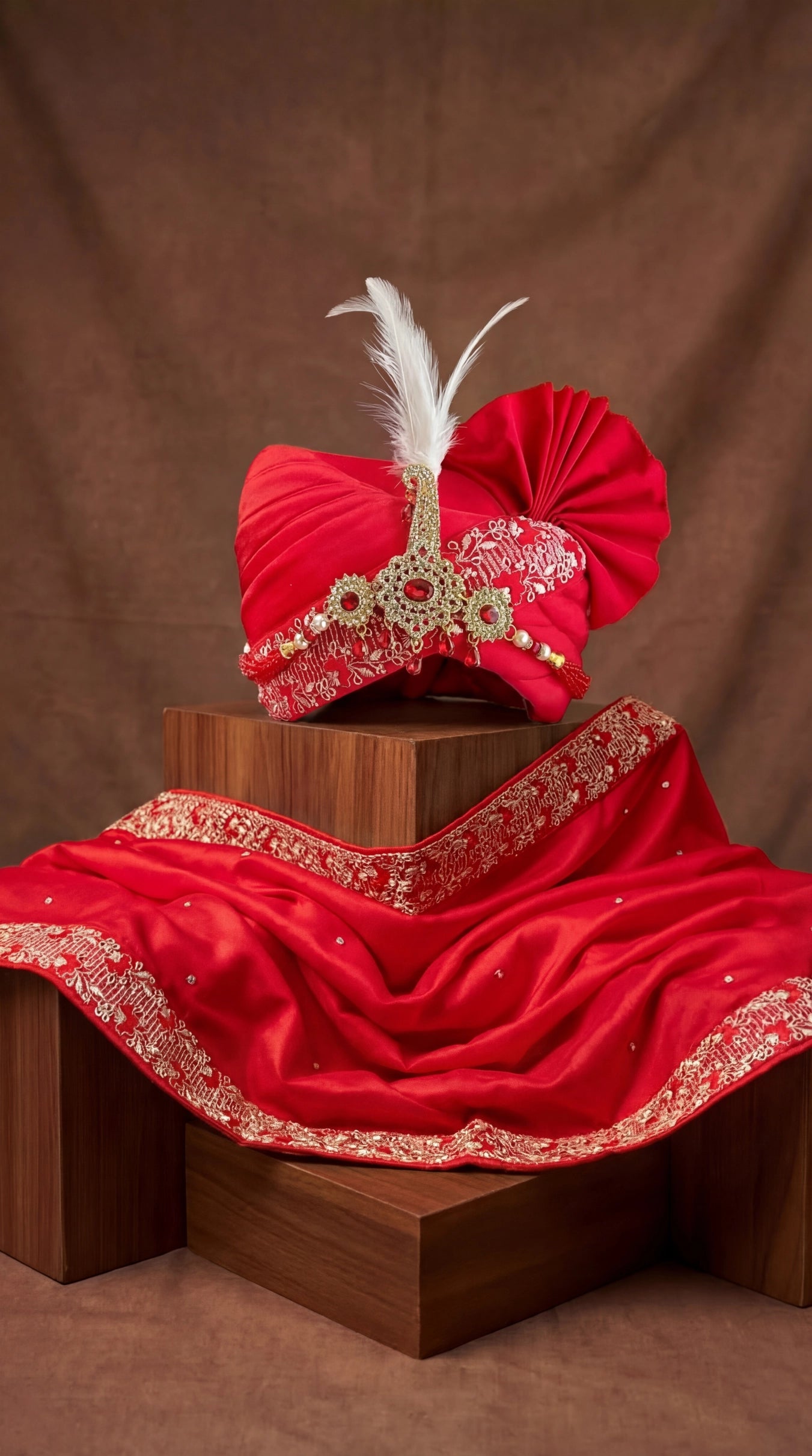 Crimson Royale Groom Safa with Handcrafted Brooch & Feather