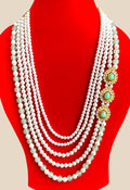 Elegant Green Stone & Pearl Multilayer Necklace with Gold Floral Accents