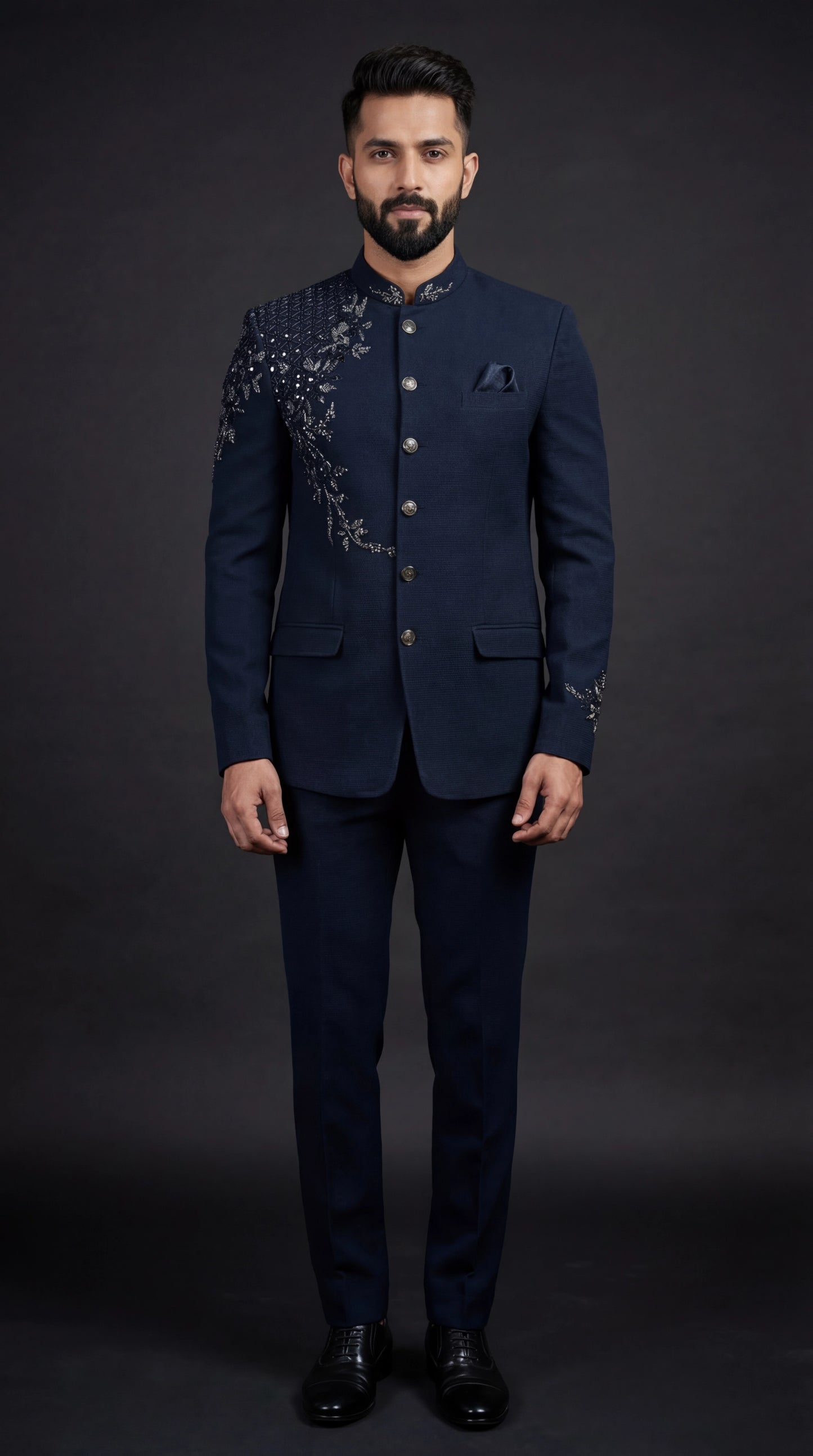 Midnight Navy Embroidered Bandhgala Suit | Dresswala NX