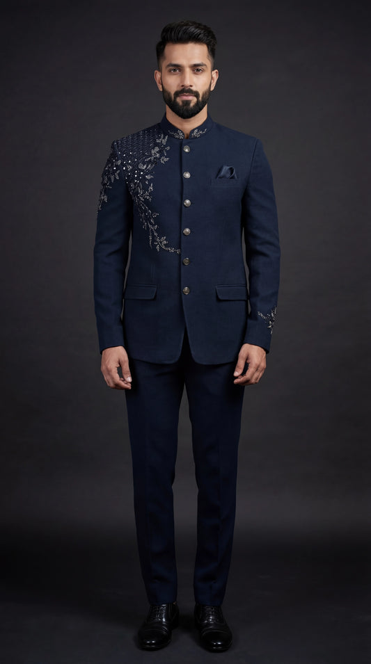 Midnight Navy Embroidered Bandhgala Suit | Dresswala NX