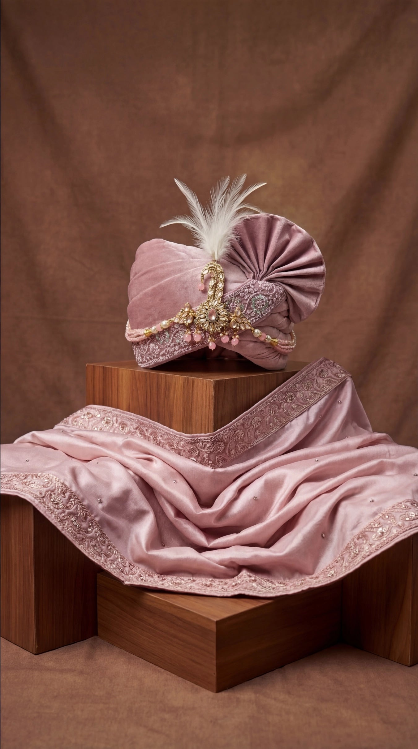 Dusty Rose Groom Safa with Feather Brooch & Embroidered Dupatta
