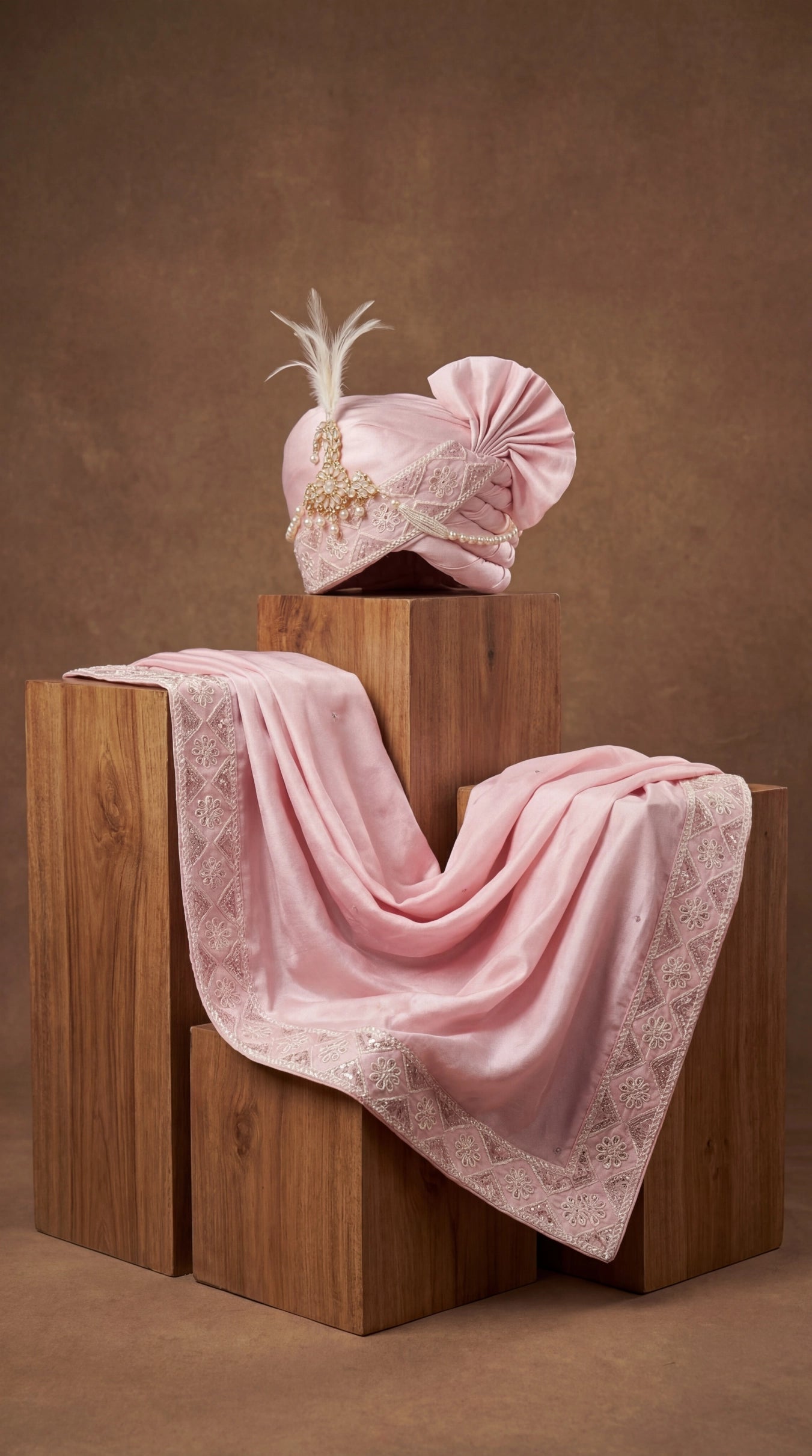 Blush Pink Wedding Safa with Floral Embroidery & Pearl Accent