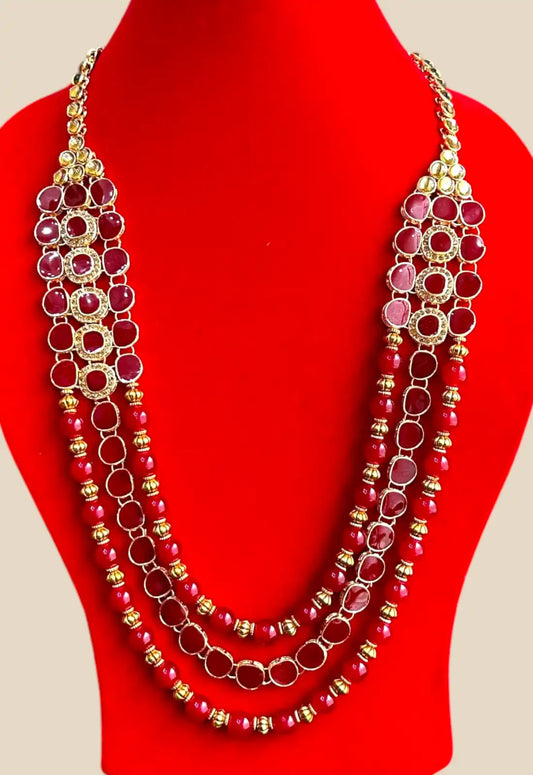 Royal Ruby Red Multistrand Beaded Necklace with Kundan Frame