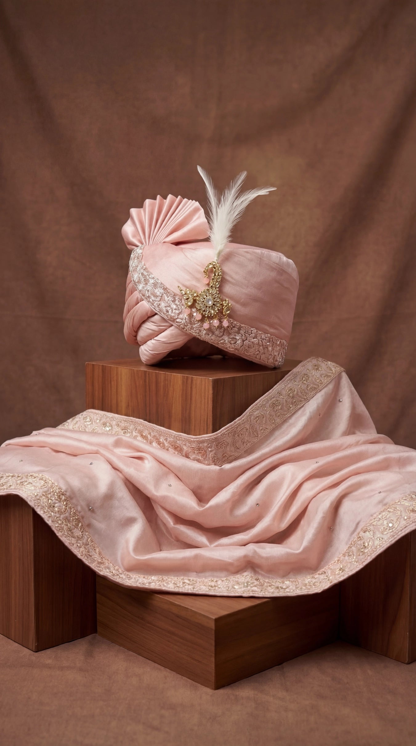 Blush Pink Groom Safa with Crystal Motif & Feather Accent