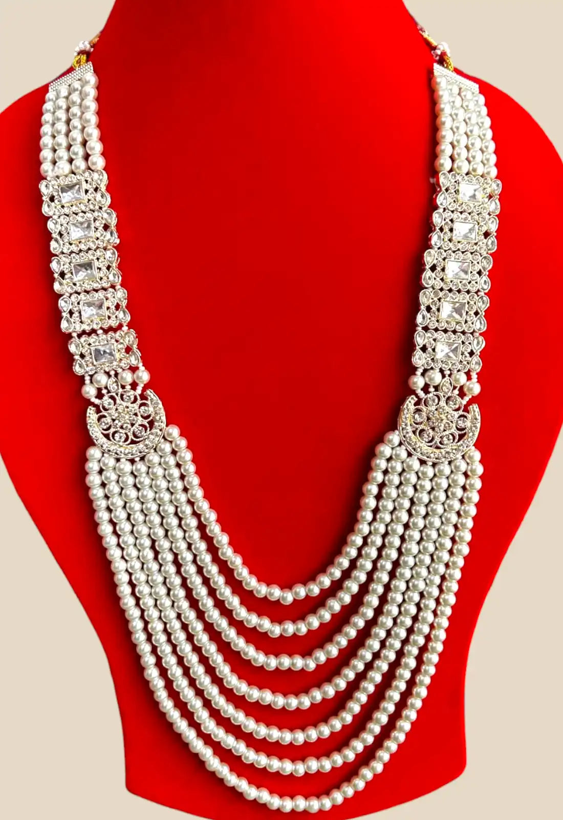 Royal Pearl Multistrand Mala with Square Polki Stones