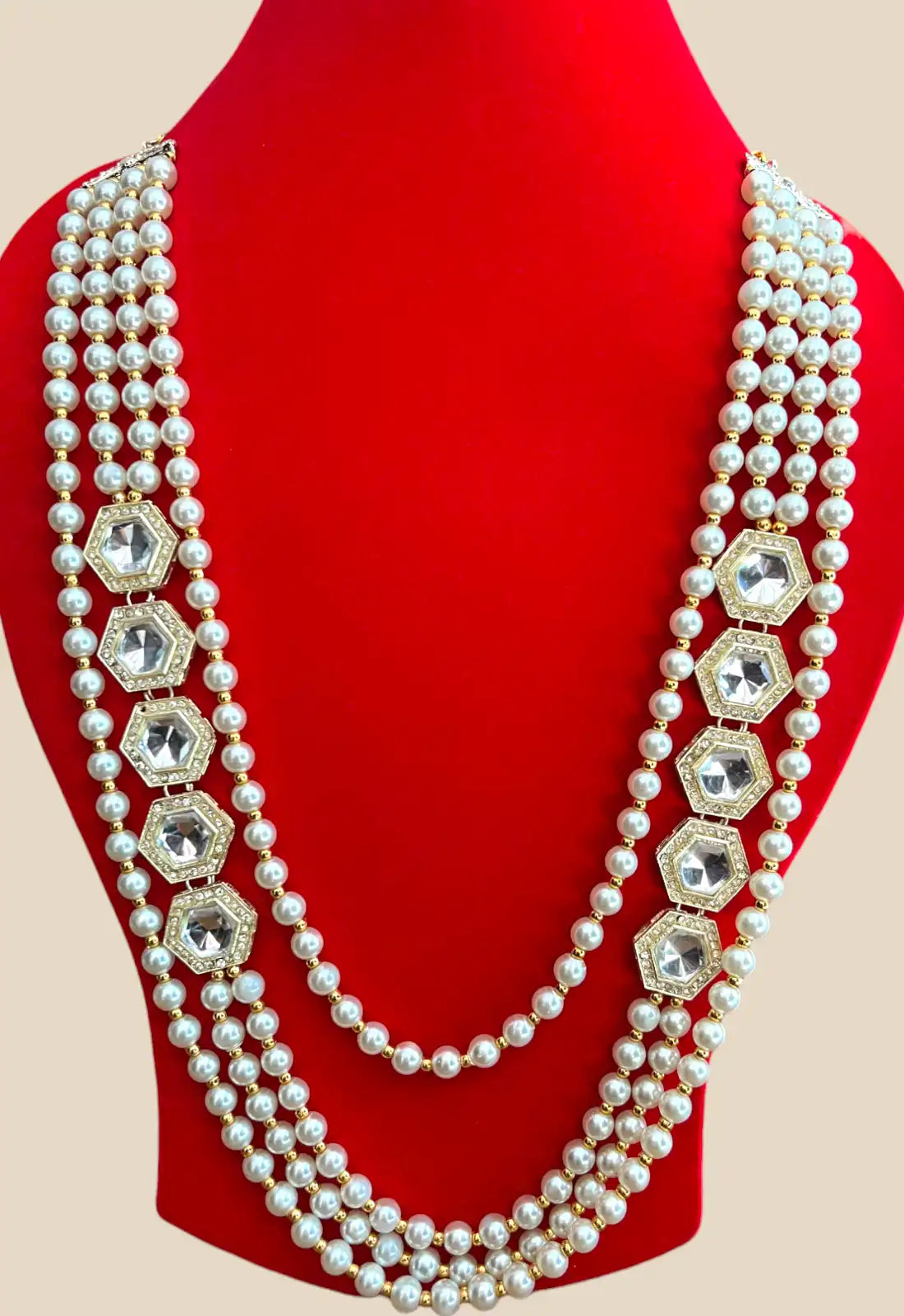 Pearl Necklace with Hexagon Polki Stones – Multistrand Groom Mala