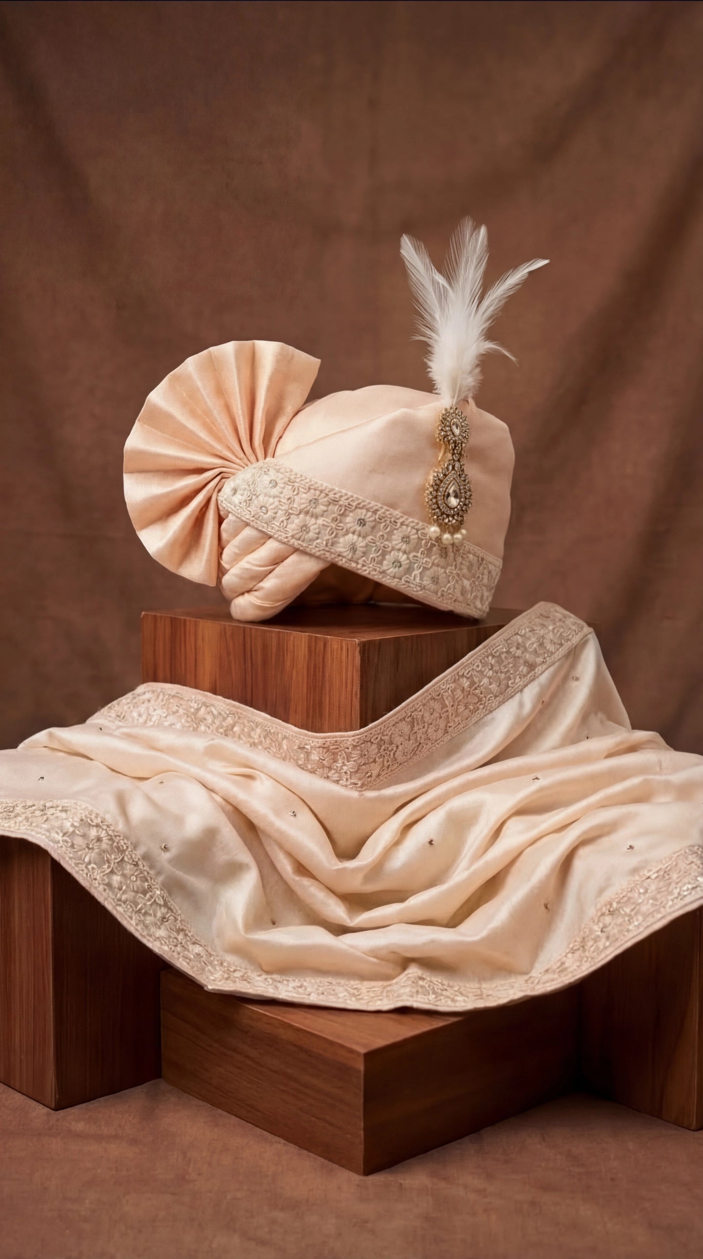 Champagne Beige Groom Safa with Hand-Embroidered Dupatta